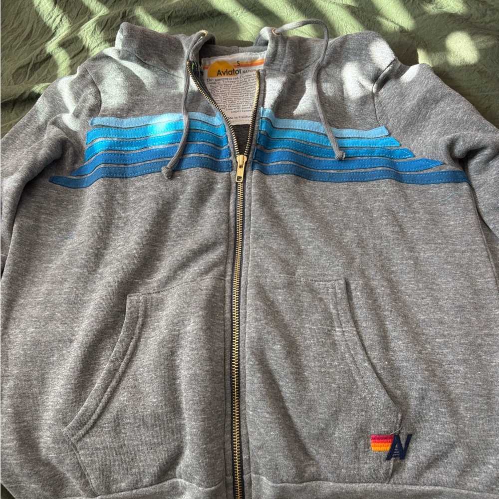 Aviator Nation Gray Hoodie with Blue and Green Stripes